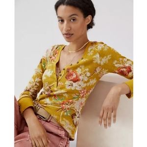 Pilcro Anthropologie Floral Mustard Yellow Waffle Knit Henley Top